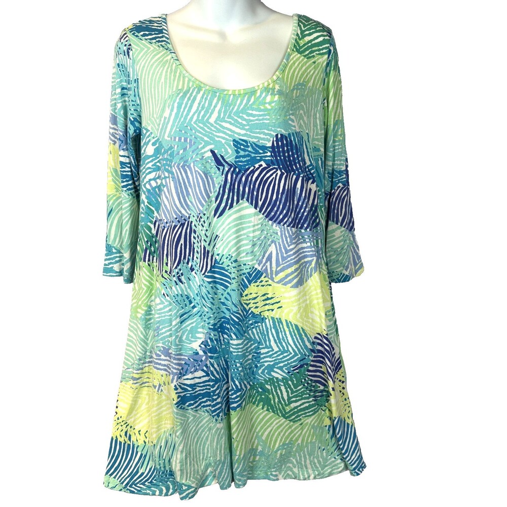Tori Richard Honolulu Jersey Swing Dress M Blue Fish Print 3/4 Sleeve 7319
